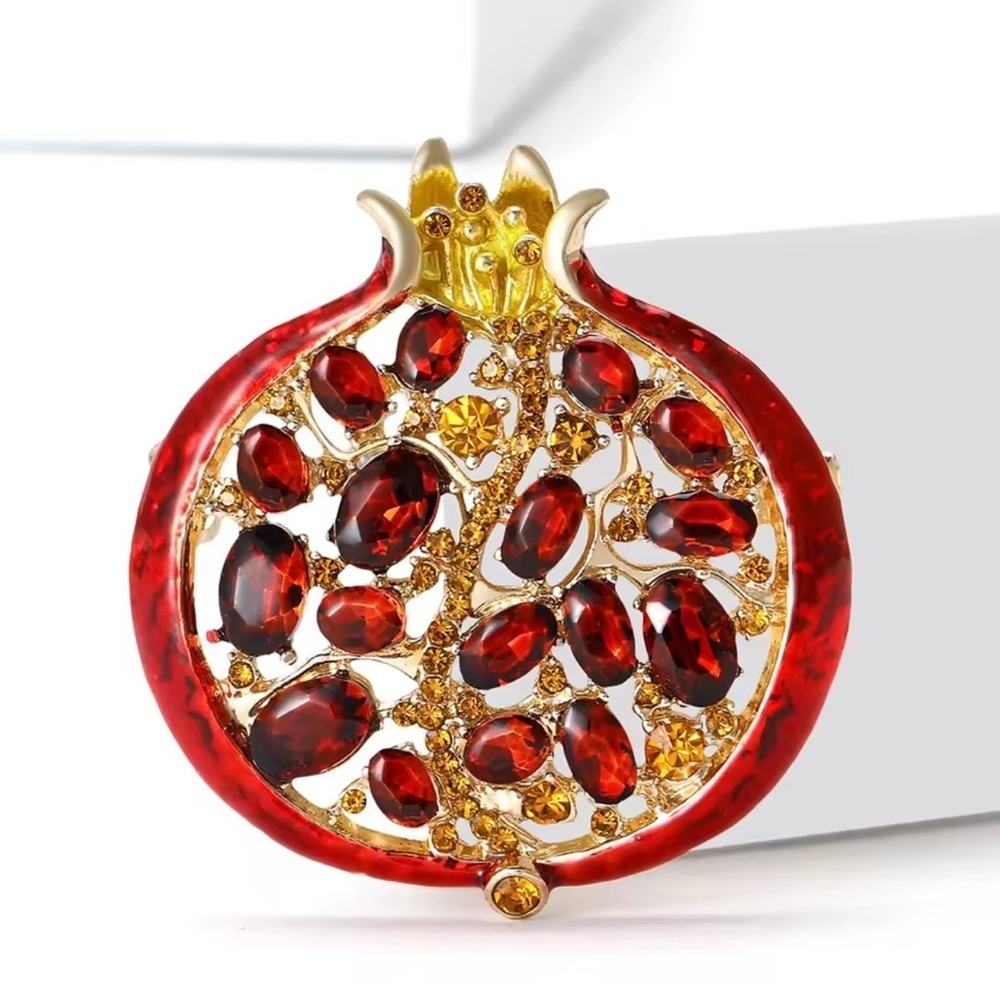 Ruby Red Pomegranate Crystal Gold Brooch - Picture 3 of 12